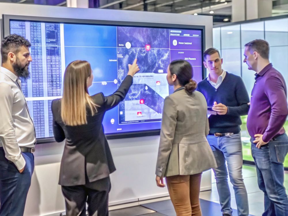 A group of people stand around a large screen, listening to a woman give a presentation. The screen shows a map with data points, indicating a business meeting or conference. digitális kijelző rendezvényeken